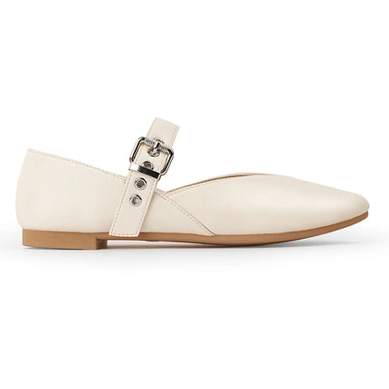 Mary Jane Shoes Female Genuine Leather  V-Cut Snap Ballet Shoes Women Square Toe Flat Cowhide Ladies Shoes