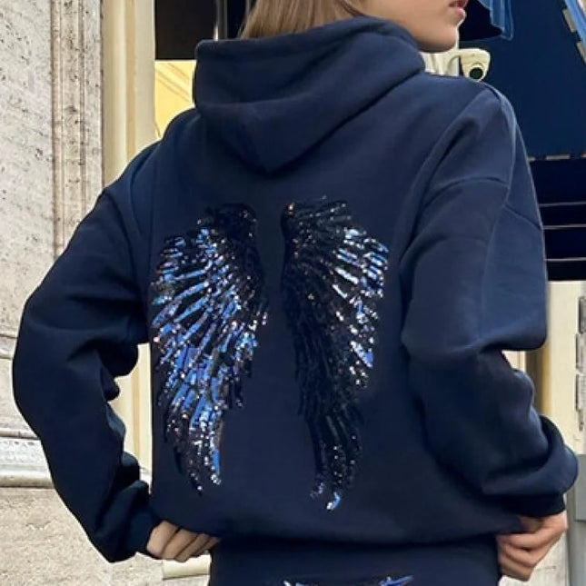 Trendy Creative Hooded Sweatshirt Wing Patterns Chic Designed Fashion Casual Long Sleeved Tops Versatile Women's Autumn Wear