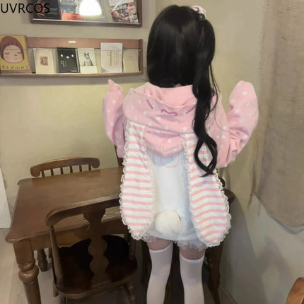 Japanese Kawaii Lolita Zipper Hoodies Women Sweet Pink Stripe Rabbit Ears Hooded Coats Grunge Hoody Y2k Strawberry Sweatshirts
