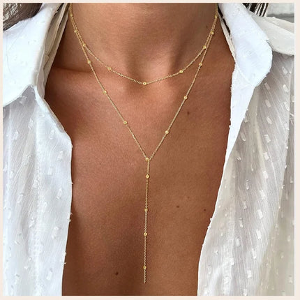 Gold Plated Stainless Steel Lariat Necklace, Dainty Long Layered Necklace for Women Girls, Y-Shaped Drop Pendant