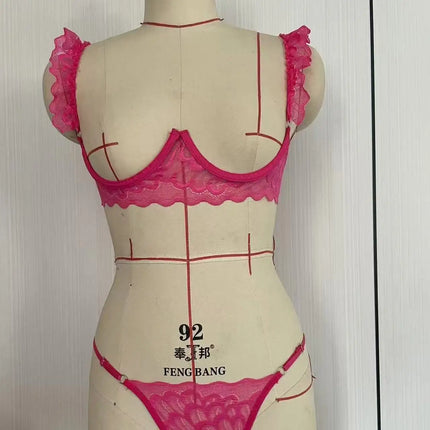 Toucheart 2 Piece Set Sexy Interesting Underwear Set for Women Solid Color Lace Mesh See-through Bra Exotic Sexy Lingerie Set