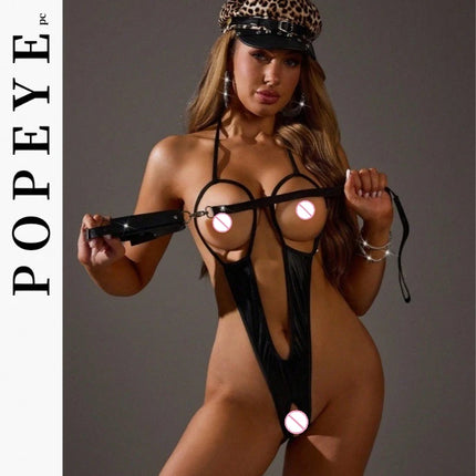 Leather Sheer Belt with Beautiful Back Open Crotch, Sexy Boobs Female Sex Pajamas Exotic Lingerie, Sexy Bodysuit Erotic Clothing