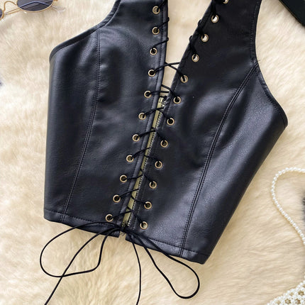 New Sexy Crop Top Inside Women Black PU Leather Rope Strap Hollow Out Punk Style Tank Tops Vest Fashion Backless Club Party Wear