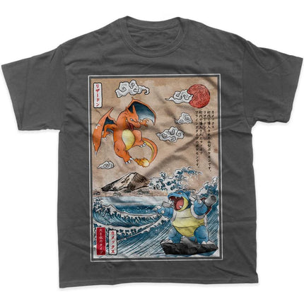 2026 Summer Pokemon Charizard Blastoise Ukiyo-e Print T-Shirt, 100% Cotton Loose Casual Oversized Tee for Adults & Kids Y2k