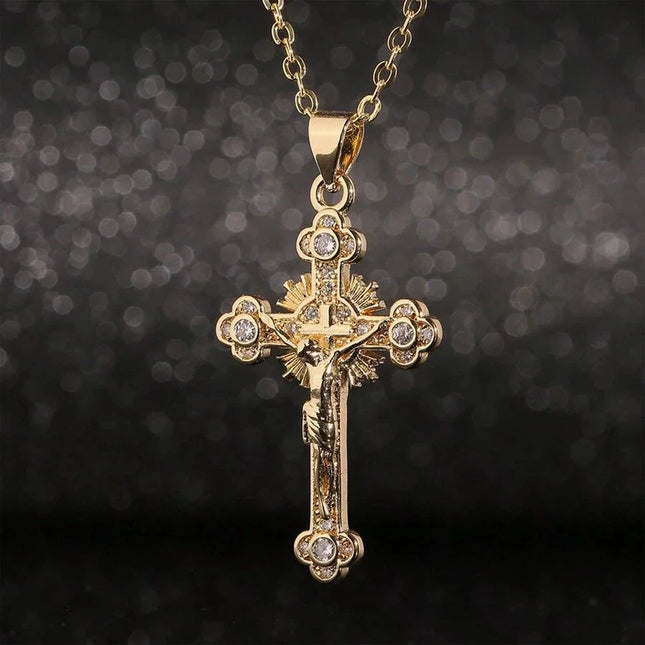 Religion Jesus Cross Pendant Necklace For Women Men Shiny Rhinestone Gold Color Chain Simple Design Hip Hop Party Jewelry