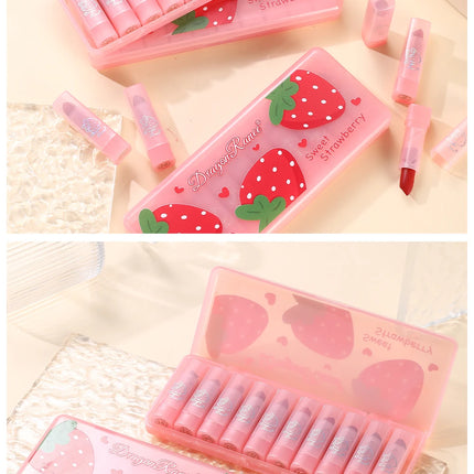 Dragon Ranee Matte Velvet Pink Strawberry Translucent 10 Pieces Lipstick Set Waterproof Sweatproof Non-Stick Lipstick Set