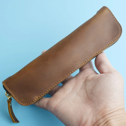Nature Cowhide Pencil Case Zipper Pen Holder Organizer Protection Bag Handmade Genuine Leather Pencilcase Office School Supplies
