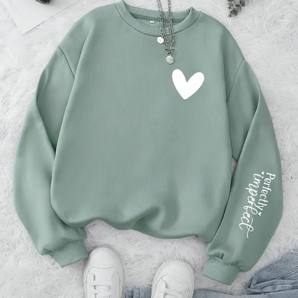 Women Perfectly Imperfect Letter Print Sweatshirt Cute Heart Crew Neck Pullover Casual Soft Fleece Long Sleeve Girls Streetwear