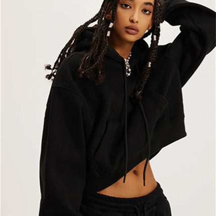 Fashion Loose Hoodies Women Autumn Winter Long Sleeve Crop Top Streetwear Solid Drawstring Hooded Shirt Casual Female Sweatshirt