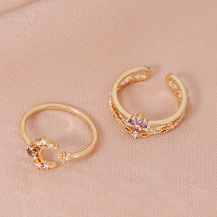 2PCS Charm Simple Light Purple Cubic Zirconia Star Moon Design Open Ring Set Elegant Women's Dating Daily Jewelry