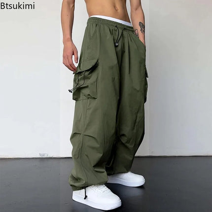 New Style Casual Pants Men's Multi Pocket Cargo Pants High Street Drawstring Workwear Trousers Men Loose Versatile Wide Leg Pant