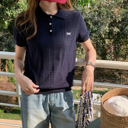 Summer 100% cotton women's T-shirt casual knit pullover short sleeved loose POLO collar Tees Pull luxury brand embroidery Tops