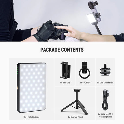 NEEWER LED Selfie & Tattoo Light Compatible with iPhone, Clip on CPL Filter/Tripod Stand/Phone Holder for Photography