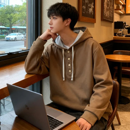 Four button hooded sweatshirt autumn winter men's new long sleeved hooded sweatshirt fashionable and casual men's sportswear,