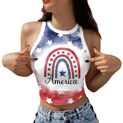 Nadanbao Women's Vest Summer Casual American Flag Tie Dyeing Cropped Tight Sleeveless T-Shirt Streetwear Crop Tops Y2K Tees