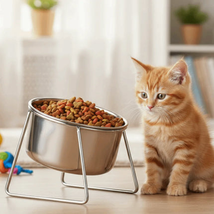 Anti-Tipping Stainless Steel Cat Bowl with Stand Sturdy High Foot Dog Feeder Fall-Resistant Rust Proof Pet Food Bowl