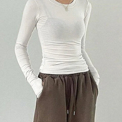 Women Casual Slim Fit Long Sleeve O-Neck T-shirts Tops Spring Fall Solid Color Tees with Thumb Holes Streetwear