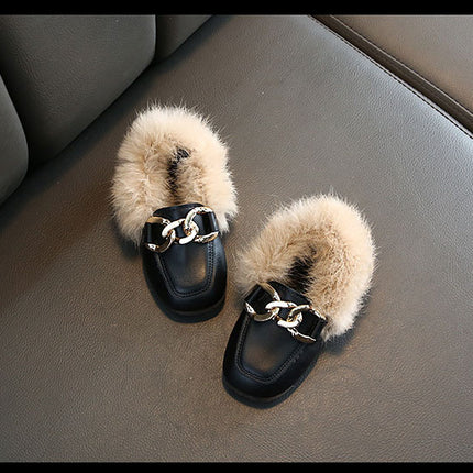 Kids Fur Shoes Children Velvet Shoes Baby Girls Warm Flats Toddler Black Brand Shoes Princess Loafer Chain Moccasin For Winter