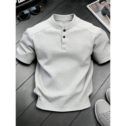 White Henry Collar  Shirt Men's Summer Splice Design Short Sleeve Cleanfit Heavyweight Half Sleeve Business Casual T-Shirt