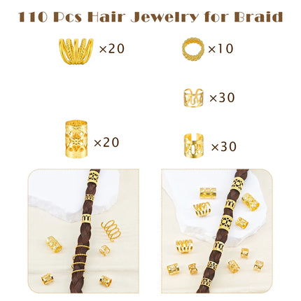 110 Pcs Gold Hair Rings for Braids and Dreadlocks - Metal Rings, Cuffs, Clips Accessory Decorations - Golden Yellow