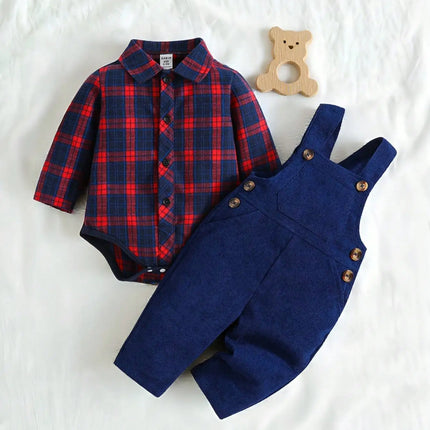 Outdoor Casual Set For Male Infants In Autumn And Winter Featuring Long-Sleeved Plaid Shirts And Long Pants Jumpsuits