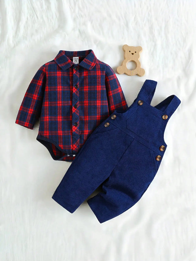 Outdoor Casual Set For Male Infants In Autumn And Winter Featuring Long-Sleeved Plaid Shirts And Long Pants Jumpsuits