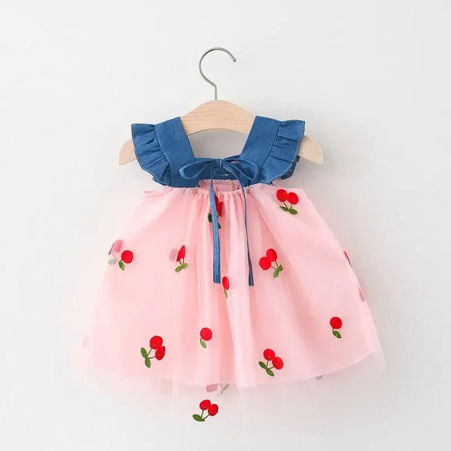 (Girls 0-3 Years Old) New Summer Girls Dress with Bow Preppy Princess Dress with Cherry Embroidery Small Flying Sleeves