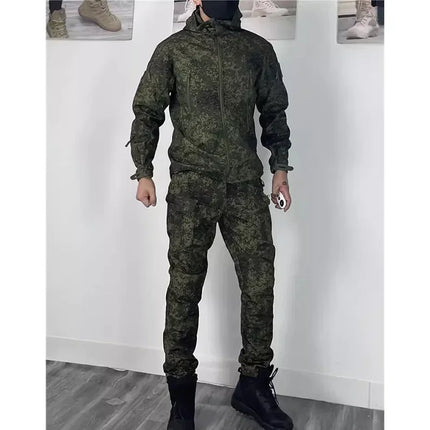 RU Camo Waterproof Sets Men Winter Fleece Hooded Jacket+Breathable Long Sleeve Tshirts+Straight Cargo Pant Soft Shell Suit