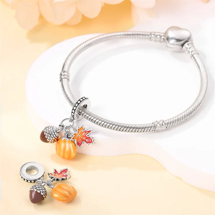 Autumn New 925 Sterling Silver Brown Maple Leaf Pumpkin Bee Charms Bead Fit 3mm 925 Original Bracelets DIY Jewelry Warm Gift
