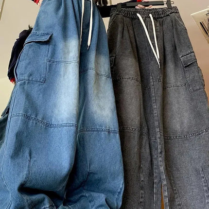 Cargo Jean Loose Wide Leg Workwear Jeans Elastic Waist Men and Women Spring Autumn Faion Brand Waed Out Trousers Straight Cut