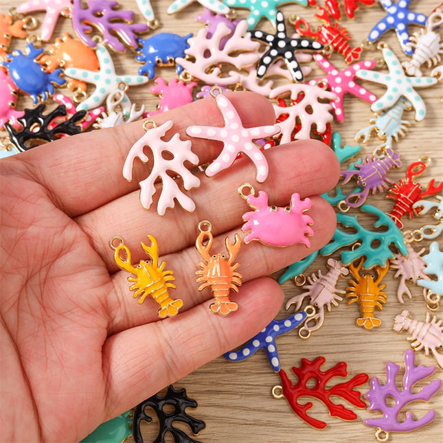10pcs Cute Mix Marine Life Charms Enamel Starfish Lobster Crab Charms Pendants for Jewelry Making Necklaces Earrings DIY Gifts