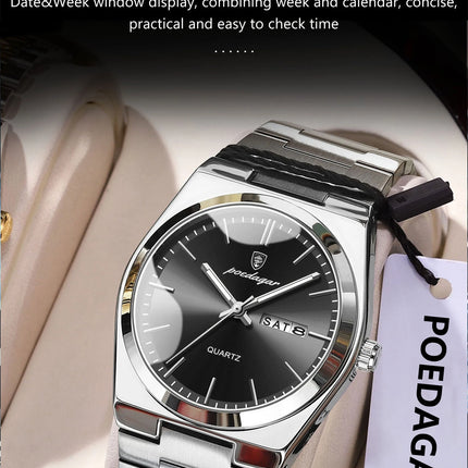 POEDAGAR Luxury Men Watch Stainless Steel Waterproof Luminous Men's Wristwatch Date Week Fashion Casual Men's Quartz Watches Reloj