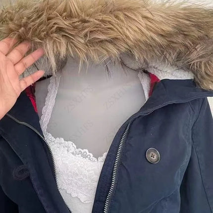 Y2K Street Gothic Slim Fit Zip Up Hooded Jacket Women Blue Frayed Edge Hooded Parka Trendy Retro Fashionable Warm Winter Wear