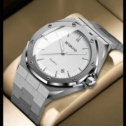 BINBOND Men's Watch Top Brand Royal Casual Men Big Dial Silver Stainless Steel Calendar Quartz Wristwatch Classic Luminous B0233