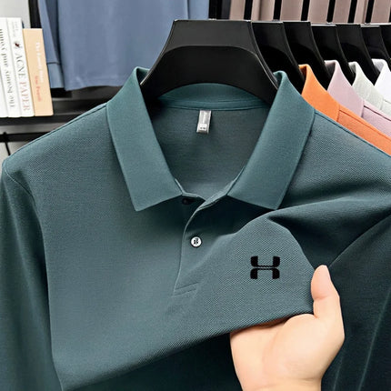 Men's high-end long-sleeved polo shirt, branded, printed top, spring, 100% cotton, comfortable, breathable sports and leisure T-shirt