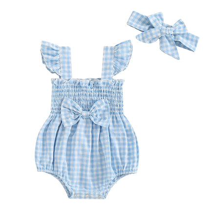 FOCUSNORM 0-18M Lovely Baby Girls Summer Romper Outfits Fly Sleeve Plaid Print Ruffles Boknot Jumpsuits with Headband
