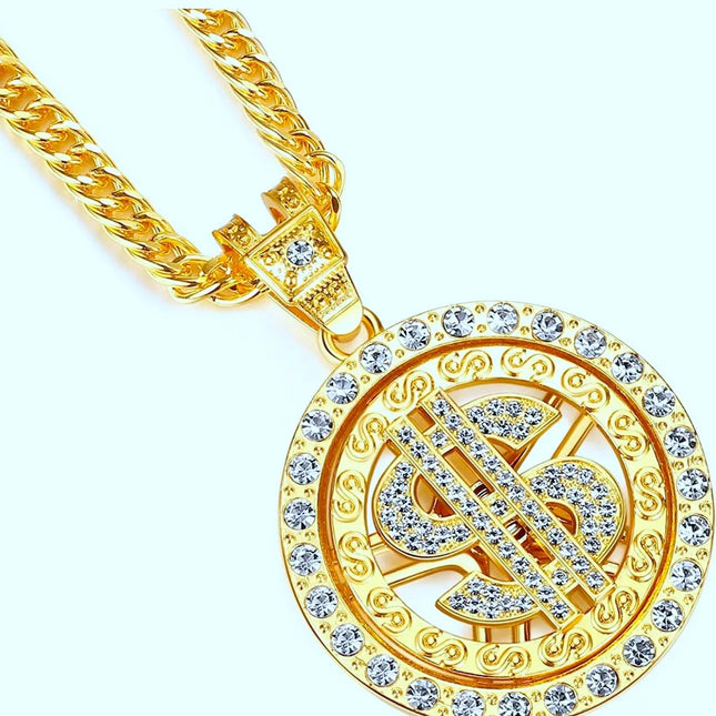 Luxury Zircon US Dollar Punk Hip Hop Round Rich Symbol Money Pendant Collar Chains Necklace for Men Women Gift Fashion Jewelry
