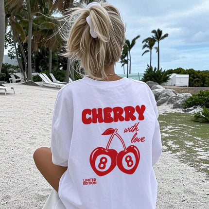 Cherry and number 8 letter print round neck T-shirt Girls summer casual all-match T-shirt breathable short-sleeved top