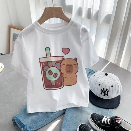 Summer Cotton Children's T-shirt Short Sleeve Capybaras Love Cute Animal Cartoon Kid Clothes Baby Girl Boy Cute Casual Y2k Tee Top