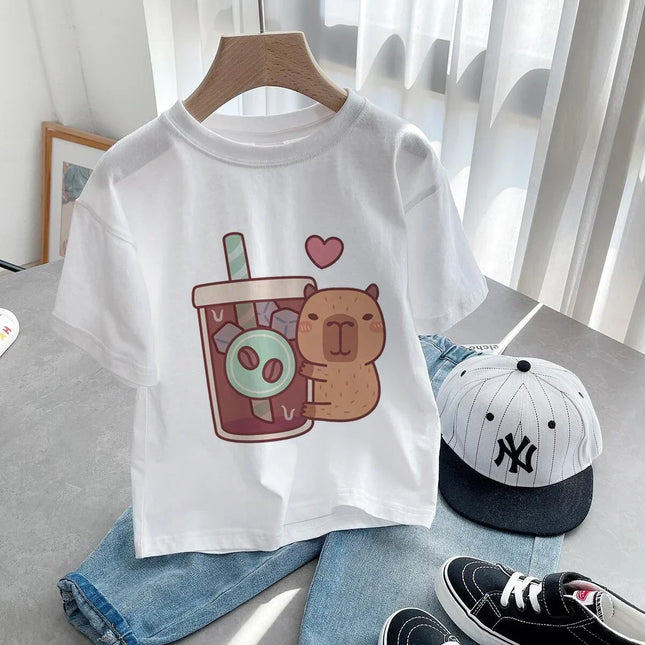Summer Cotton Children's T-shirt Short Sleeve Capybaras Love Cute Animal Cartoon Kid Clothes Baby Girl Boy Cute Casual Y2k Tee Top
