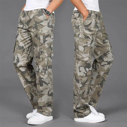 Men's casual camouflage work pants with multiple pockets, outdoor sport pure cotton straight-leg long pants, loose fit for work