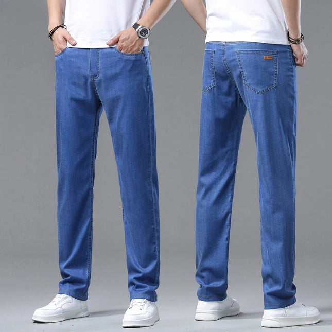 2026 Summer New Men's Sky Blue Slim Stretch Jeans Lyocell Thin Style Fashion Casual Ice silk Denim Pants Male Brand Trousers