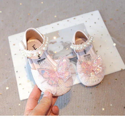 Chic Girls Dress Shoes for Wedding Party Bling Sequins with Rhinestone Butterfly Sweet Princess Chic Kids Flat Shoes Lace Beaded