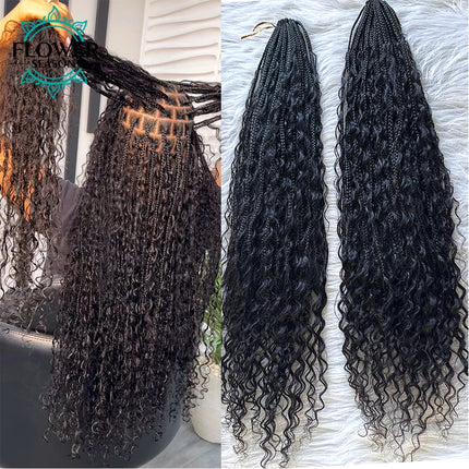 Pre-Looped Crochet Boho Box Braids With Human Hair Curls Goddess Boho Braiding Hair Extension 120strands Full Head Natural Color