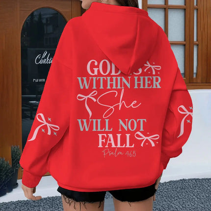 "God Is Within Her Will Not Fall" Print Hoodie Women Coquette Bow Pattern Christianity Hoody Fashion Jesus Female Hoodies