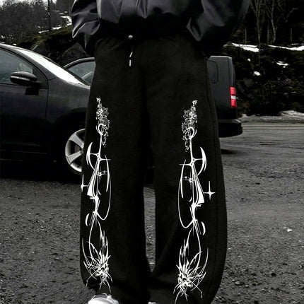 Y2K Dark Punk Abstract Gothic Cross Star Print Mens Baggy Wide Leg Sweat Pants Loose Straight Drawstring Hip Hop Street Joggers