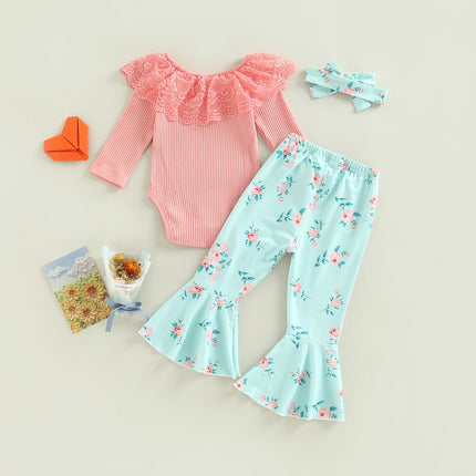 Infant Newborn Baby Girls 3 Pieces Outfit, Lace Ruffles Knitted Ribbed Romper + Leopard/Floral Print Flare Pants + Headband Set