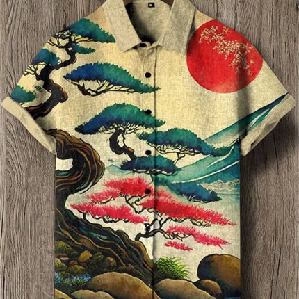 Men's Retro Color Block Style Short Sleeved Ethnic Retro Tribal Short Sleeved Linen Shirt Casual Fashion Shirt Top