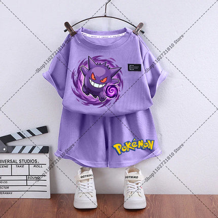 2pcs Pokemons Short-sleeved Shorts Summer Thin Waffle Clothes Suit Cartoon Anime Gengar Charmander Print Clothing Birthday Gift