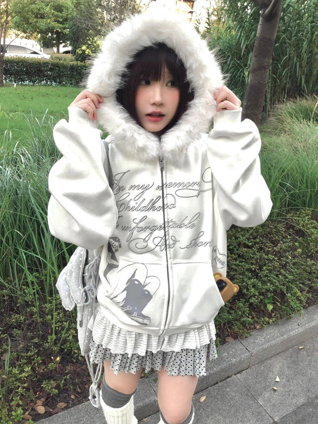 Y2K Japanese Kawai Faxu Fur Hoodies Subculture Streetwear Zipper Coat Cartoon Print Long Sleeve Retro Gothic Sweatshirts